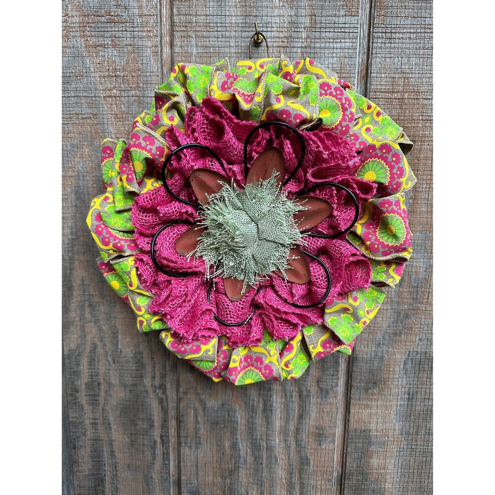 Artsy Boho Mini 11.5" Ruffled Burlap & Fabric Wreath-Pinks, Green, Yellows - New